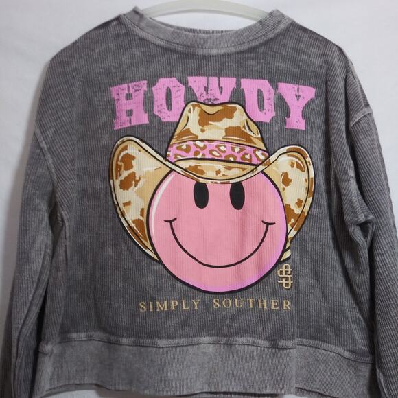 Simply Southern Grey Cow Hat Howdy Long Sleeve Crew Sweatshirt Size S - Picture 2 of 7